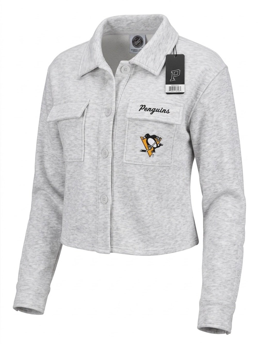 🆕 Pittsburgh Penguin NHL Heather Gray Cropped Embroidered Fleece Shacket M